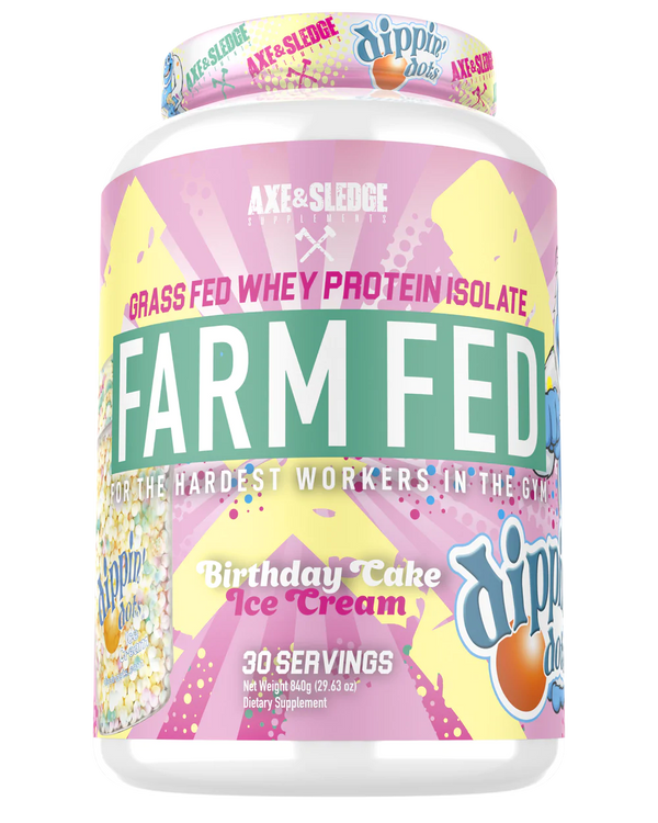 Axe & Sledge Farm Fed whey protein isolate Dippin Dots Birthday Cake Ice Cream flavor