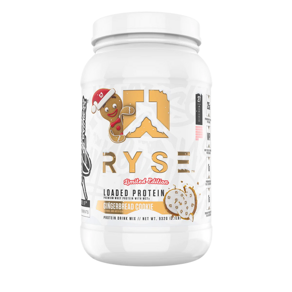 Ryse Loaded Protein 2lb bottle in Gingerbread Cookie flavor with prominent brand logo and product details.