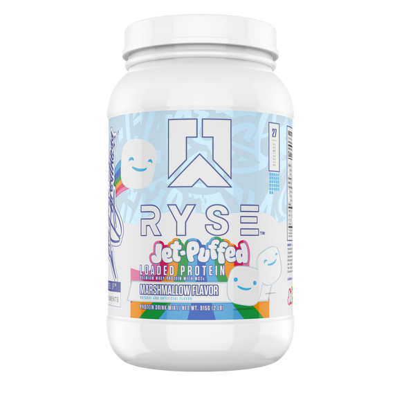 Ryse Loaded Protein 2lb bottle in Jet-Puffed flavor with prominent brand logo and product details.
