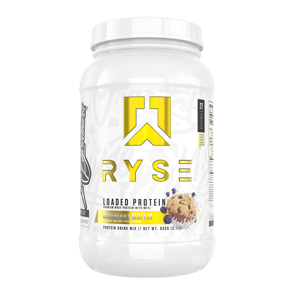 Ryse Loaded Protein 2lb bottle in Blueberry Muffin flavor with prominent brand logo and product details.