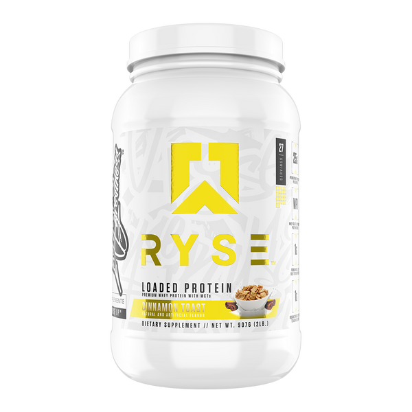 Ryse Loaded Protein 2lb bottle in Cinnamon Toast flavor with prominent brand logo and product details.