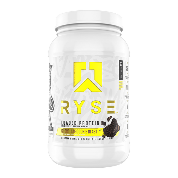 Ryse Loaded Protein 2lb bottle in Chocolate Cookie Blast flavor with prominent brand logo and product details.