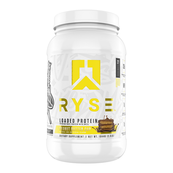 Ryse Loaded Protein 2lb bottle in Chocolate Peanut Butter Cup flavor with prominent brand logo and product details.