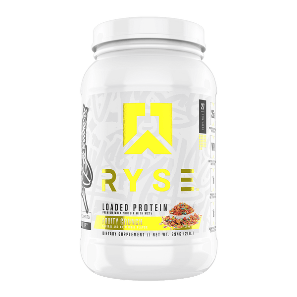Ryse Loaded Protein 2lb bottle in Fruity Crunch flavor with prominent brand logo and product details.