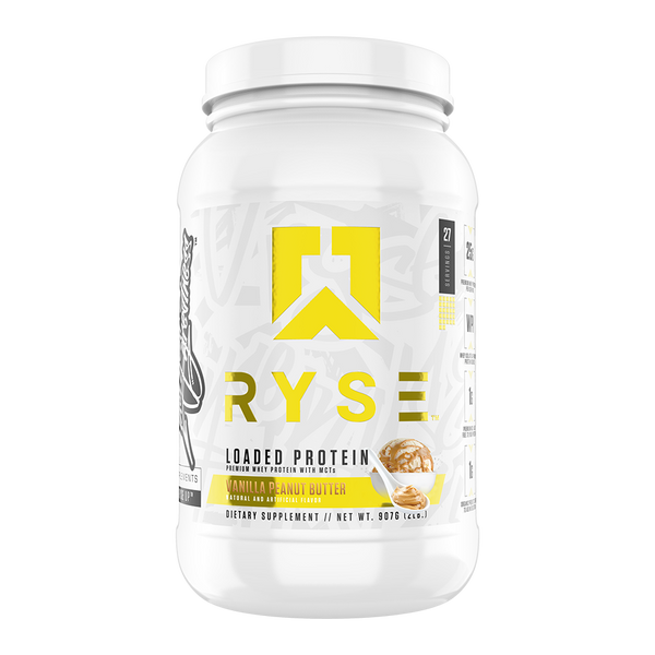Ryse Loaded Protein 2lb bottle in Vanilla Peanut Butter flavor with prominent brand logo and product details.