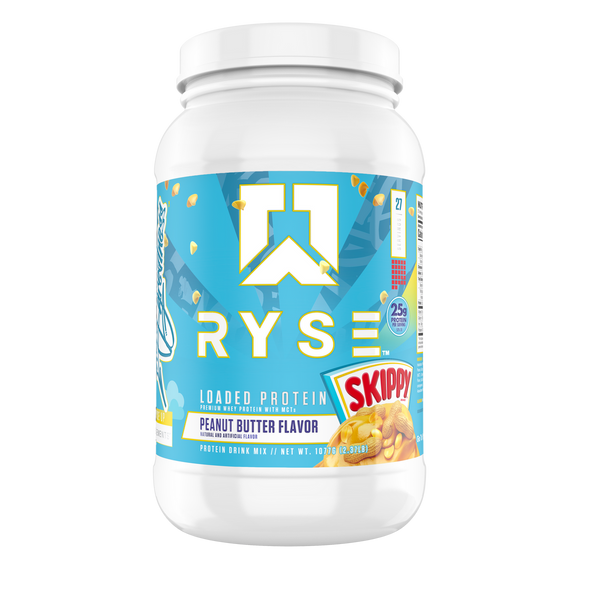 Ryse Loaded Protein 2lb bottle in Skippy Peanut Butter flavor with prominent brand logo and product details.