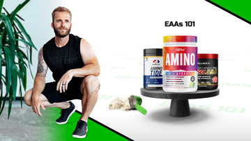 EAAs 101 Text with product images of Inspired Aminos, Allmax Tide and Allmax Muscleaa