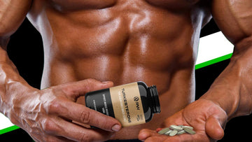 shirtless male pouring turkesterone supplement into handle