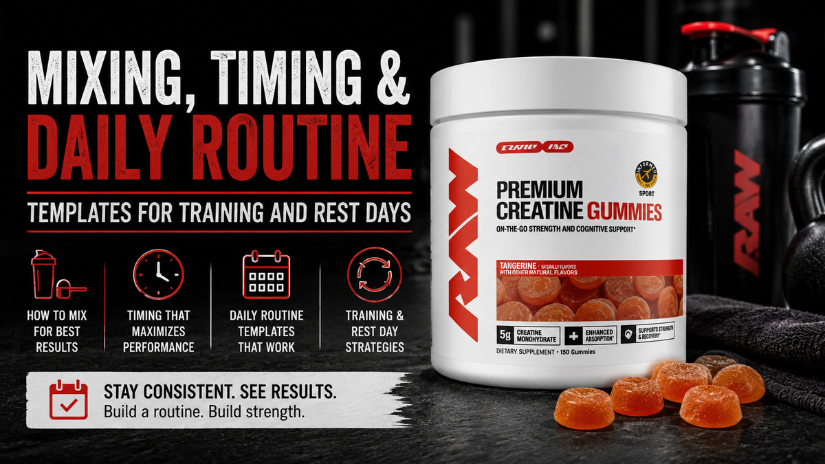 Flat lay of a shaker bottle, glass of water, and a small scoop of creatine next to a gym bag and watch, suggesting timing and routine.