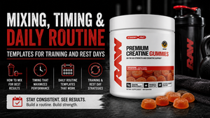 Flat lay of a shaker bottle, glass of water, and a small scoop of creatine next to a gym bag and watch, suggesting timing and routine.