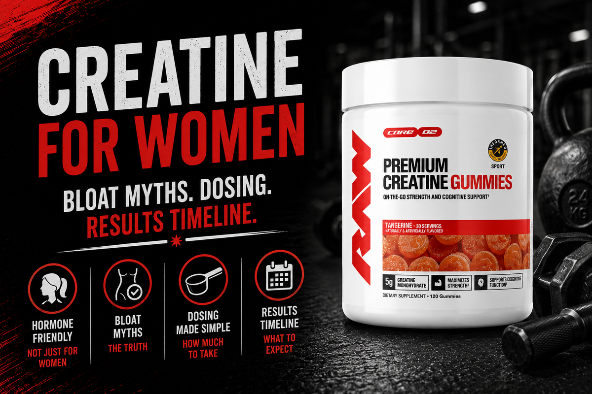 A woman measuring creatine powder next to a bottle of creatine gummies on a kitchen counter.