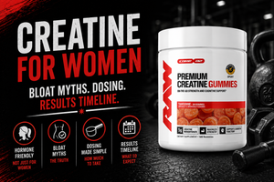 A woman measuring creatine powder next to a bottle of creatine gummies on a kitchen counter.