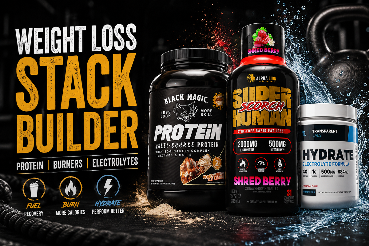 Protein powder, capsules, and an electrolyte drink mix arranged with a shaker bottle and nutrition labels visible.