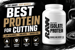 Scoop of grass‑fed whey protein isolate next to a shaker bottle and a lean chicken-and-veggie meal on a kitchen counter.