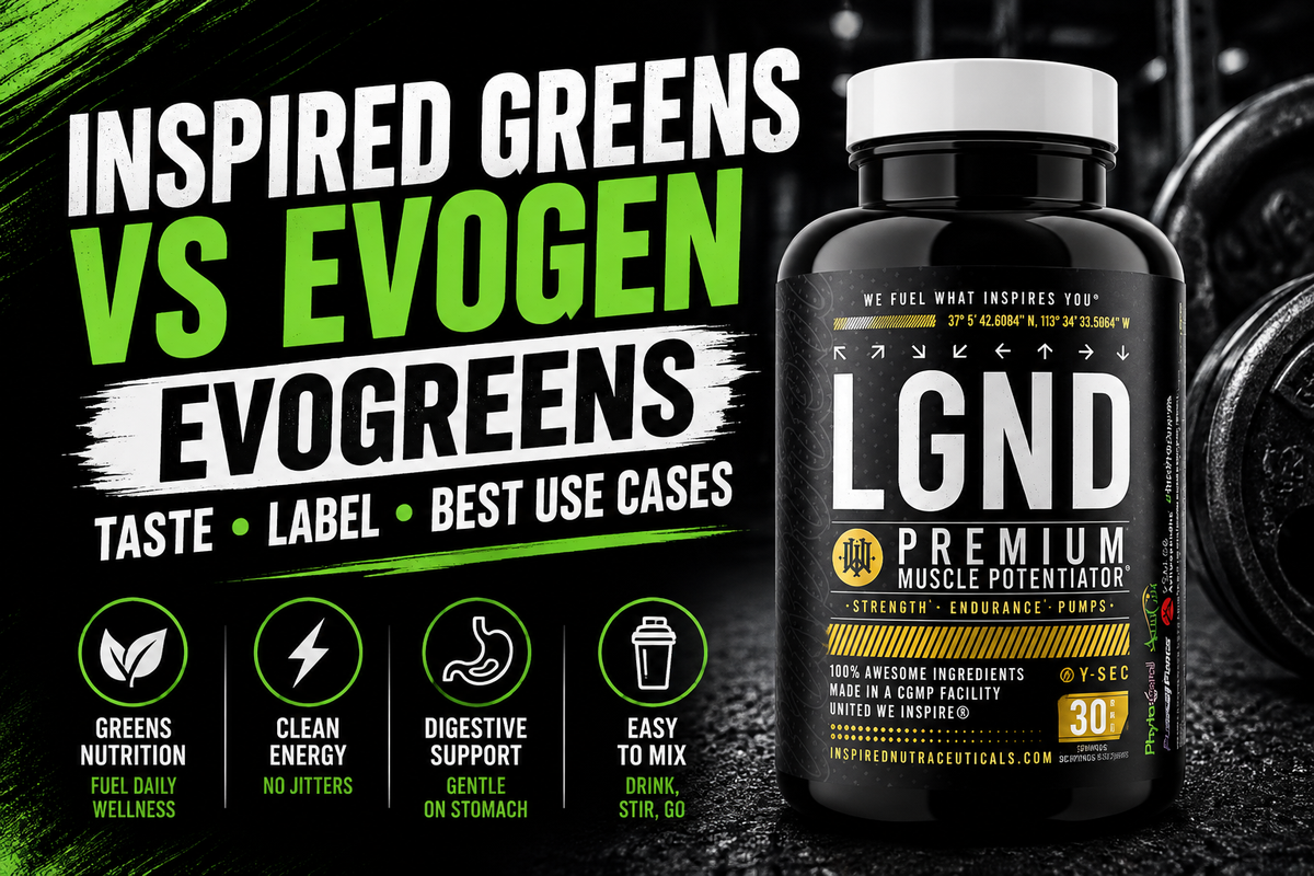 Side-by-side tubs of Inspired Greens and Evogen Evogreens with a scoop of powder and a glass of mixed greens drink on a kitchen counter.