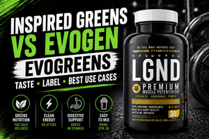 Side-by-side tubs of Inspired Greens and Evogen Evogreens with a scoop of powder and a glass of mixed greens drink on a kitchen counter.