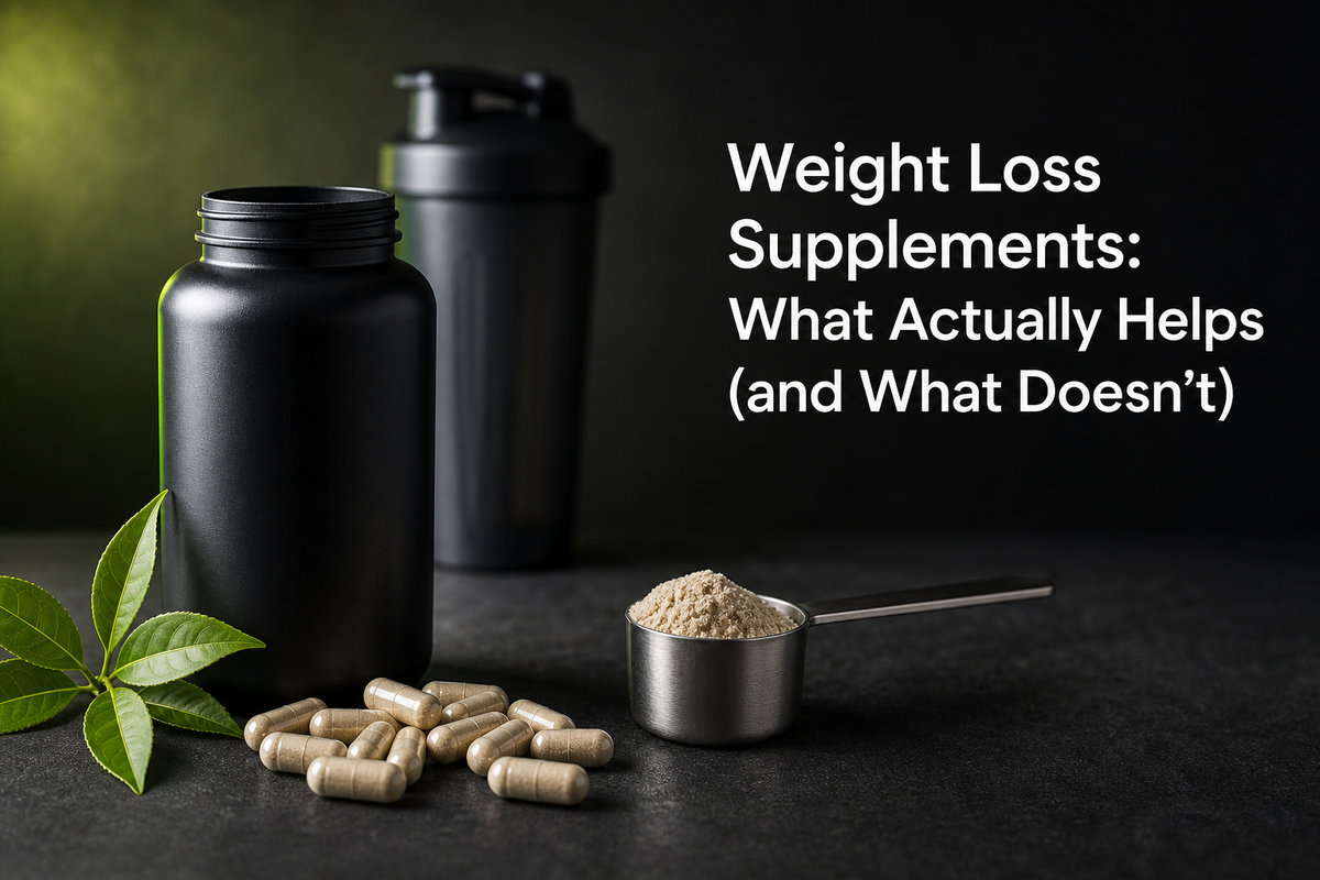 Flat lay of common weight loss supplement formats—capsules, powders, and ready-to-drink cans—next to a Nutrition Facts label and a water bottle.