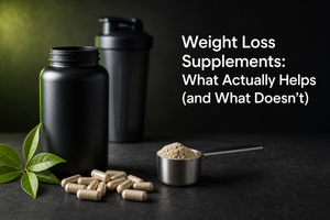 Flat lay of common weight loss supplement formats—capsules, powders, and ready-to-drink cans—next to a Nutrition Facts label and a water bottle.