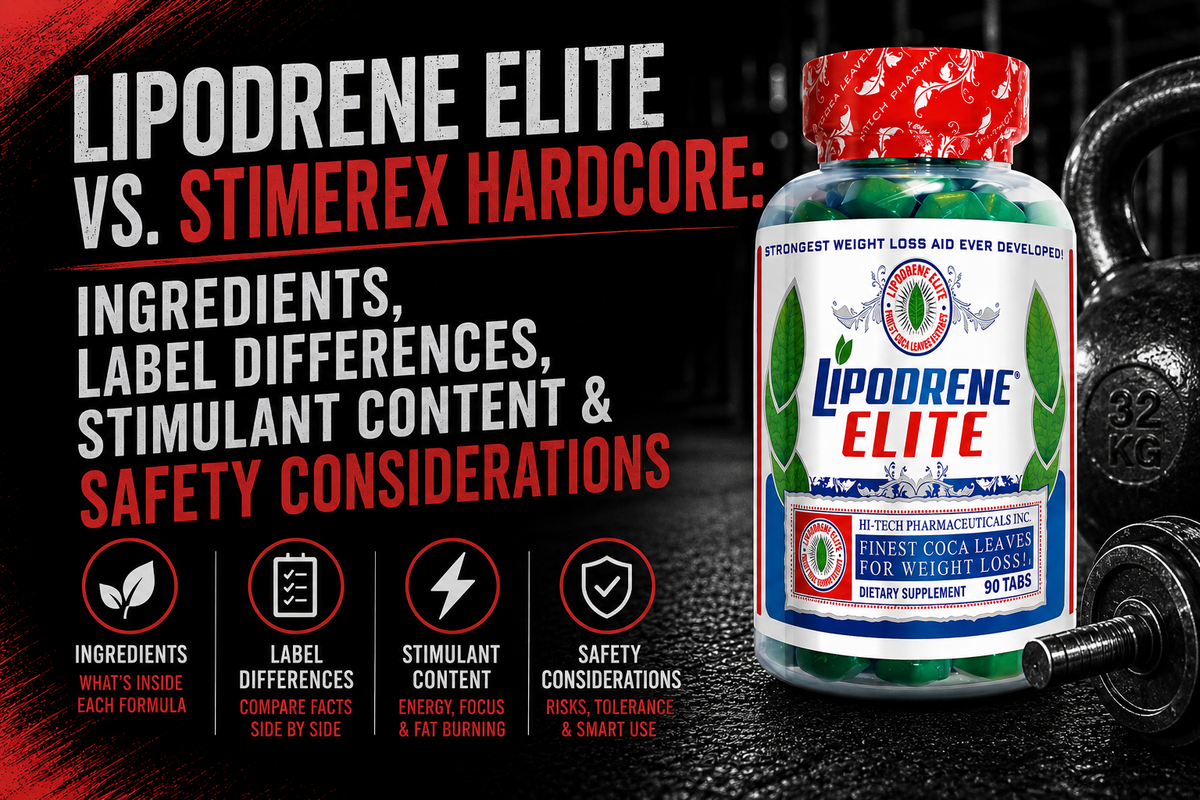 Lipodrene Elite and Stimerex Hardcore bottles side by side on a gym bench with a shaker and tape measure, suggesting a cutting phase comparison.