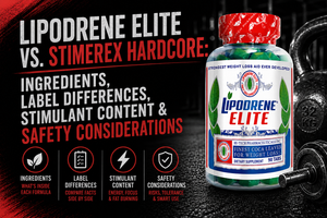 Lipodrene Elite and Stimerex Hardcore bottles side by side on a gym bench with a shaker and tape measure, suggesting a cutting phase comparison.