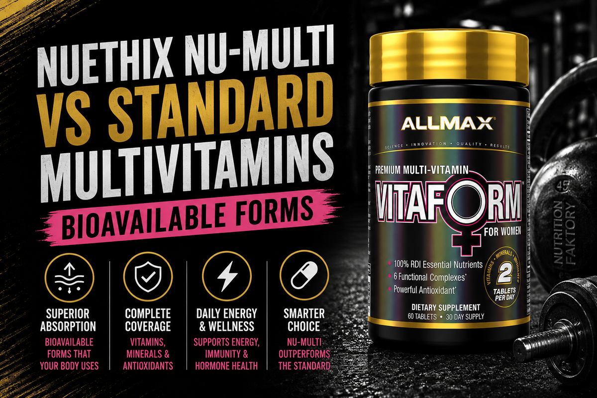 Flat lay of NuEthix Nu‑Multi bottle next to capsules and foods rich in micronutrients, highlighting bioavailable vitamin and chelated mineral forms.