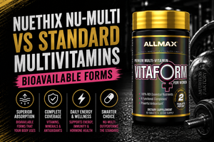 Flat lay of NuEthix Nu‑Multi bottle next to capsules and foods rich in micronutrients, highlighting bioavailable vitamin and chelated mineral forms.
