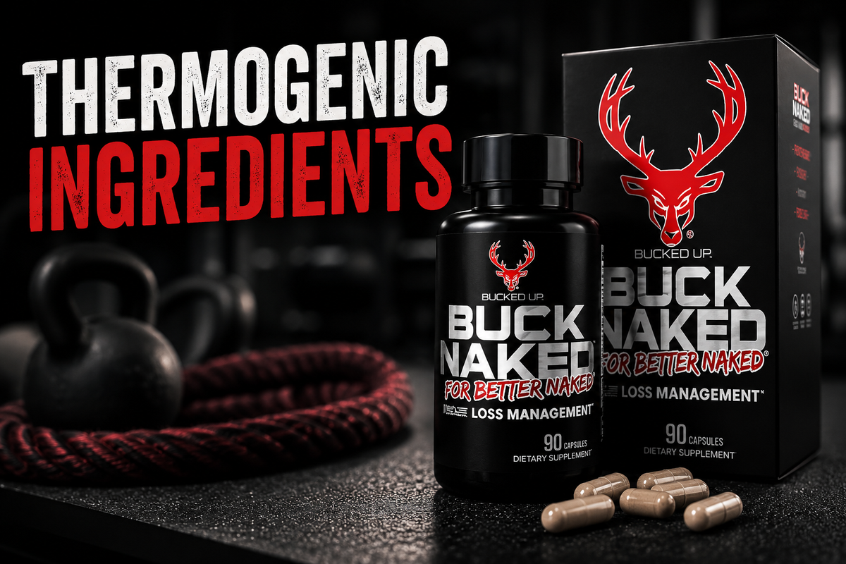 Close-up of supplement bottles and a nutrition label highlighting yohimbine, GBB, capsaicin, and carnitine as thermogenic ingredients