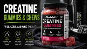 Close-up of assorted creatine gummies and chews next to a water bottle and gym bag, showing portable on‑the‑go use.