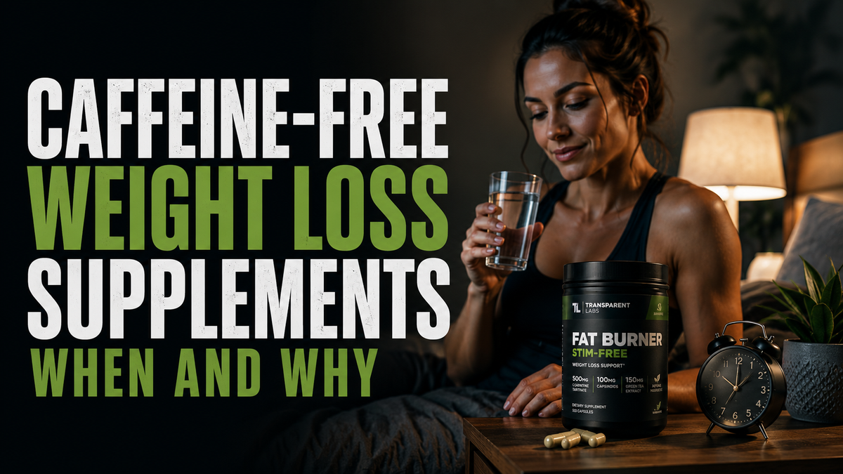 Assorted caffeine‑free weight management supplements on a kitchen counter next to a water bottle and a pair of walking shoes.