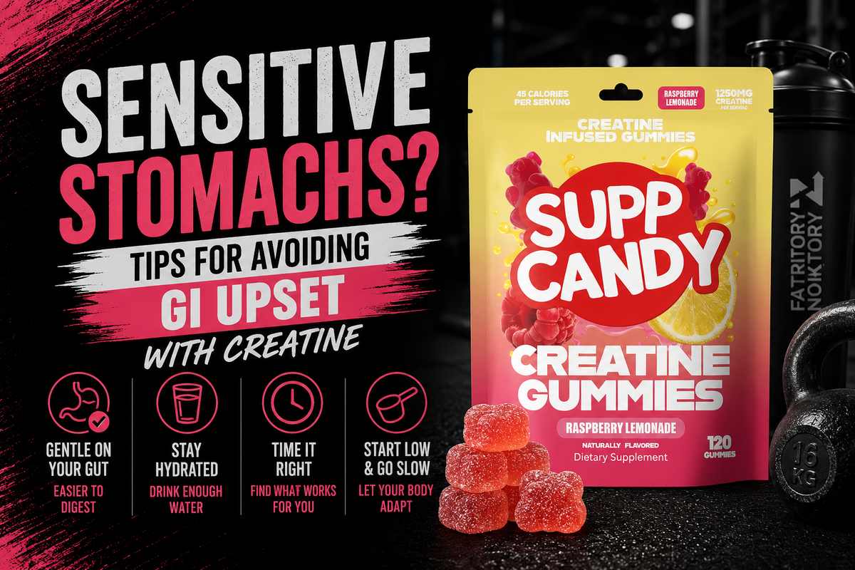 Close-up of a glass with fully dissolved creatine next to chewable gummies and capsule options, with a simple Supplement Facts label in the background.
