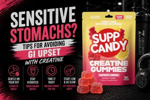 Close-up of a glass with fully dissolved creatine next to chewable gummies and capsule options, with a simple Supplement Facts label in the background.