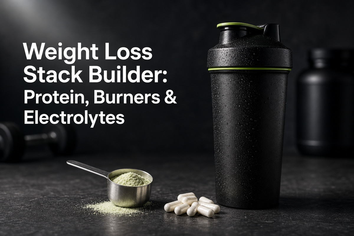 Protein powder, capsules, and an electrolyte drink mix arranged with a shaker bottle and nutrition labels visible.