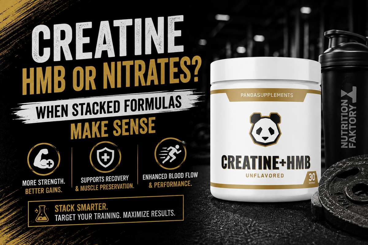 Side-by-side flat lay of a creatine + HMB powder tub and a nitrate-focused pump formula with a shaker and water bottle.