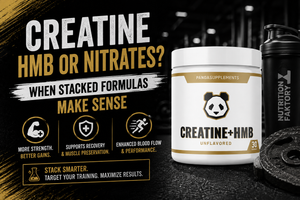 Side-by-side flat lay of a creatine + HMB powder tub and a nitrate-focused pump formula with a shaker and water bottle.