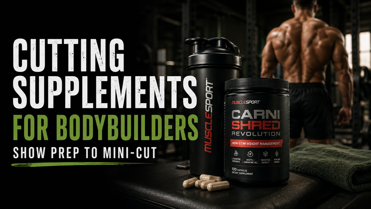 Bodybuilder reviewing Supplement Facts and certifications on a cutting product next to a shaker, scale, and meal prep containers