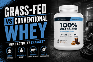 Two protein shakes side by side with scoops of powder—one labeled grass-fed whey and the other conventional whey—on a kitchen counter with a nutrition label in view.