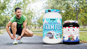 A measured scoop of protein powder next to a sealed capsule bottle labeled Fat Burner, a shaker, and a watch to emphasize timing and safety.