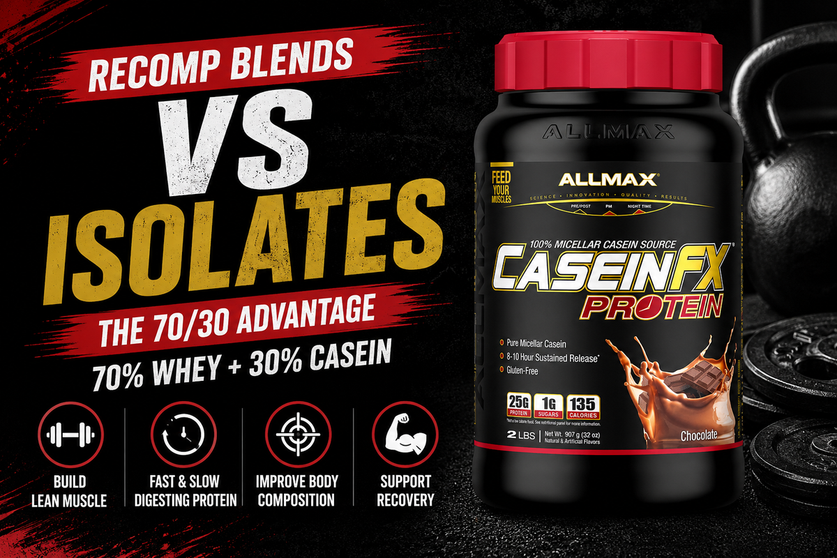 Two protein shakes on a kitchen counter—one labeled “Whey Isolate” and one labeled “70/30 Whey‑Casein”—with a workout log showing a body recomposition plan.