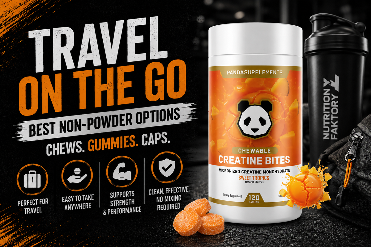 Flat lay of travel essentials with portable creatine options: a blister pack of chew tabs, a pouch of gummies, and a small bottle of capsules next to a carry-on bag.