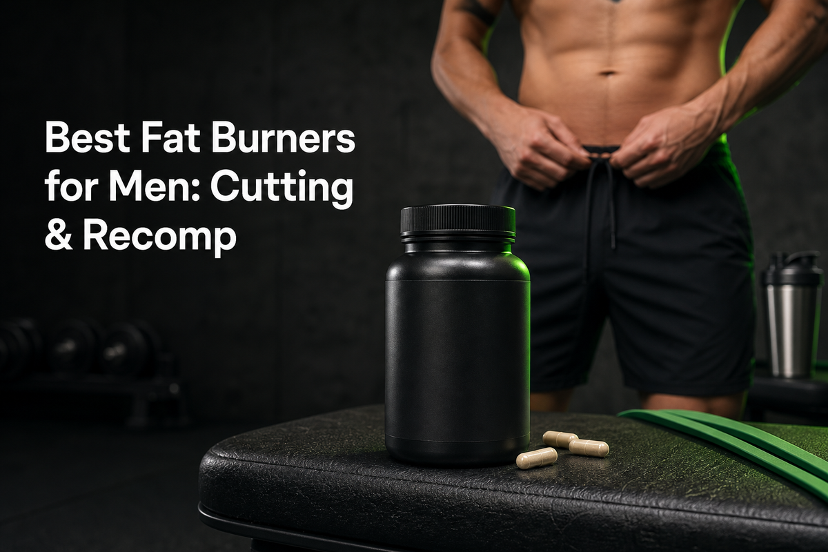Flat lay of men’s fat burner capsules and powders next to a Supplement Facts label, shaker, and water bottle.