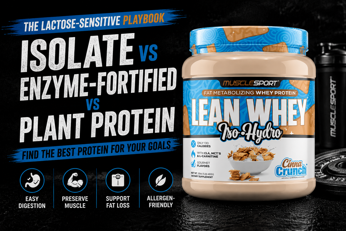 Side‑by‑side scoops of whey isolate, enzyme‑fortified whey, and plant protein with a shaker bottle labeled for lactose‑sensitive choices.