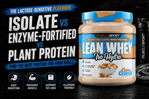 Side‑by‑side scoops of whey isolate, enzyme‑fortified whey, and plant protein with a shaker bottle labeled for lactose‑sensitive choices.