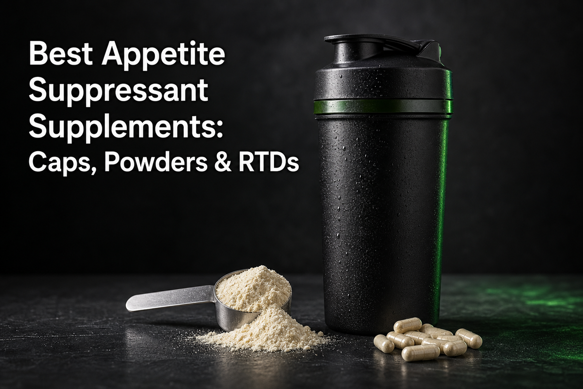 Flat lay of capsules, a scoop of powder, and a chilled RTD can beside a Nutrition Facts panel and a shaker bottle.