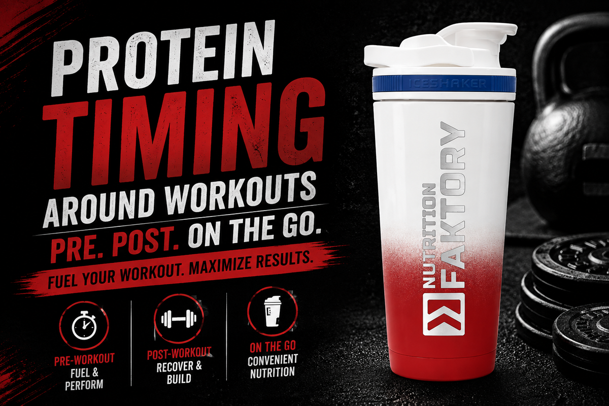 Athlete at a U.S. gym mixing a protein shake in a shaker bottle with a ready-to-drink bottle nearby, representing pre-, post-, and on‑the‑go options.