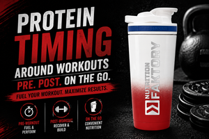Athlete at a U.S. gym mixing a protein shake in a shaker bottle with a ready-to-drink bottle nearby, representing pre-, post-, and on‑the‑go options.