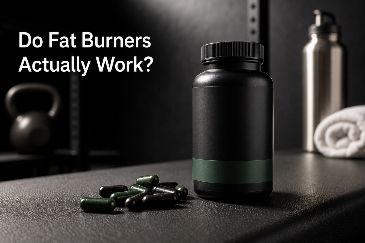 Flat lay of labeled fat burner bottles, a Supplement Facts panel, and a simple checklist of safety and evidence notes.