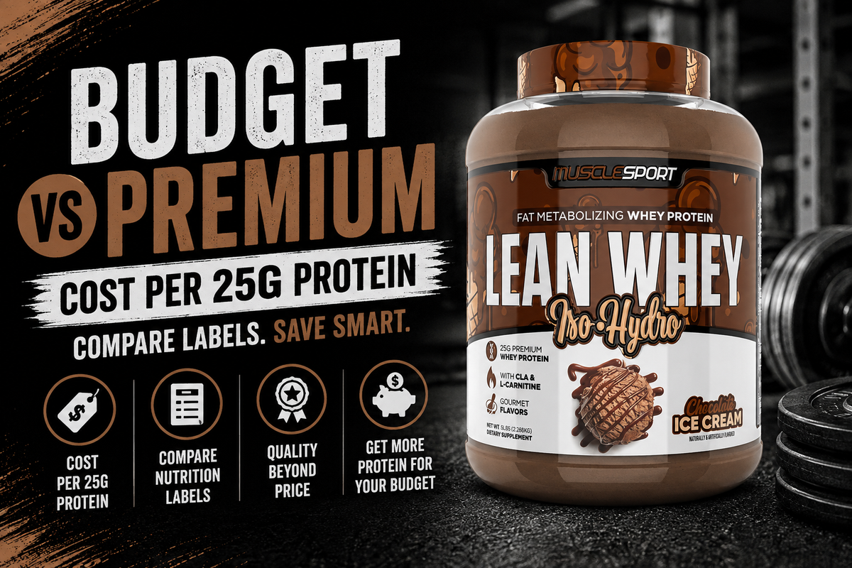 Overhead photo of two protein tubs—one labeled Budget and one Premium—beside a scoop and nutrition labels with a calculator showing cost per 25g.