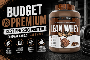 Overhead photo of two protein tubs—one labeled Budget and one Premium—beside a scoop and nutrition labels with a calculator showing cost per 25g.