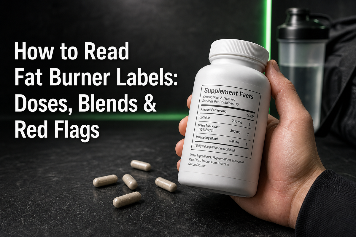 Close-up of a Supplement Facts panel on a fat burner bottle with callouts highlighting serving size, caffeine per serving, proprietary blend, and warning section.