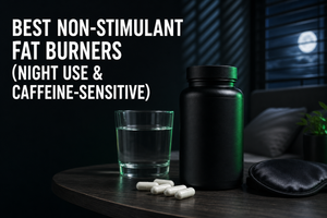 A bedside table with a glass of water, a capsule bottle labeled non‑stimulant, and a dim reading lamp—signaling a sleep‑friendly supplement choice.